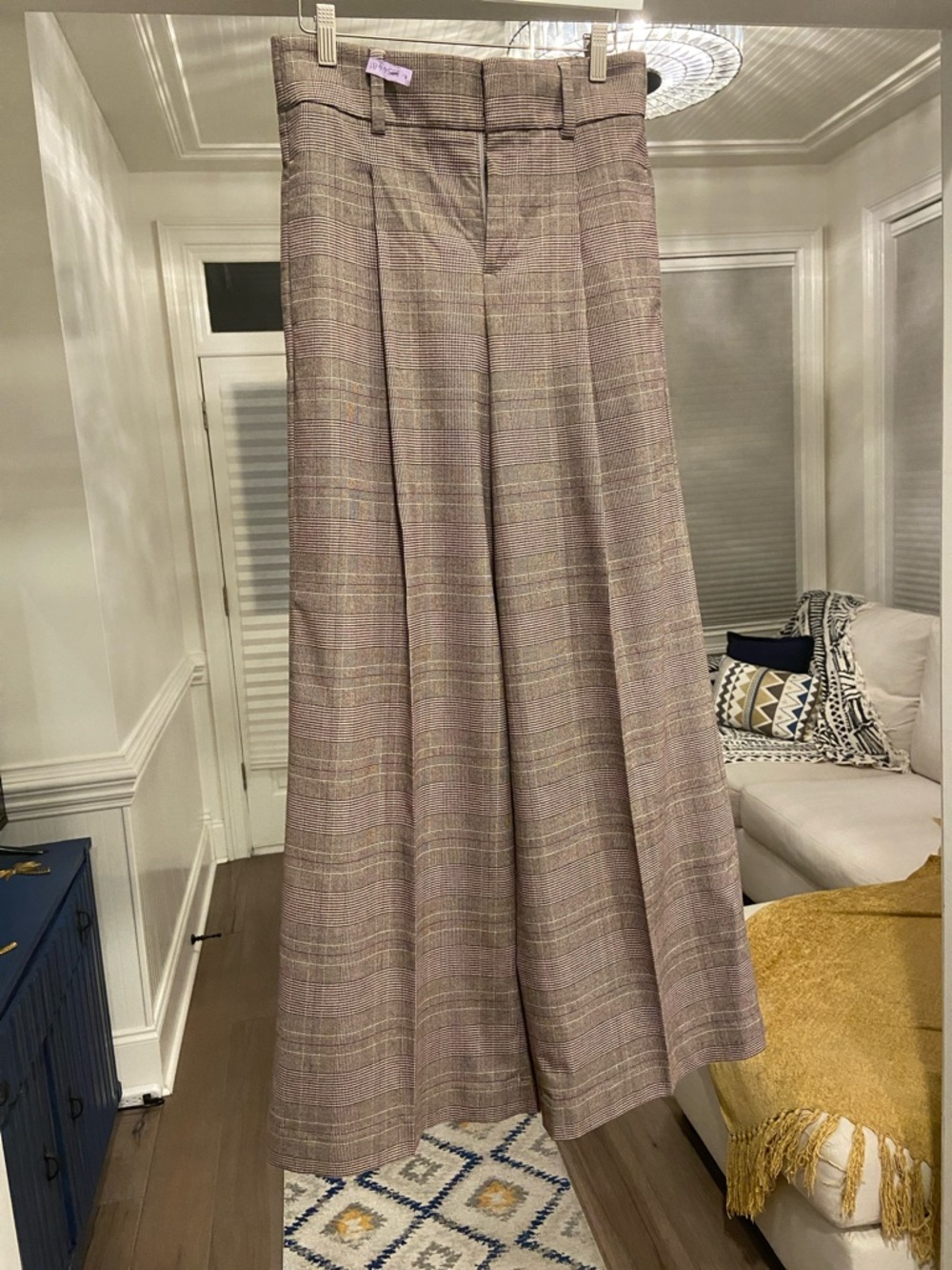 Banana Republic Wide-Leg Plaid Pants in Taupe, Chocolate and Burgundy.
